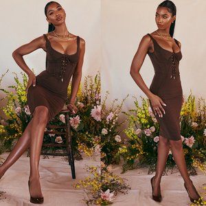 HOUSE OF CB 'Simona' Chocolate Lace Up Corset Midi Dress NWOT